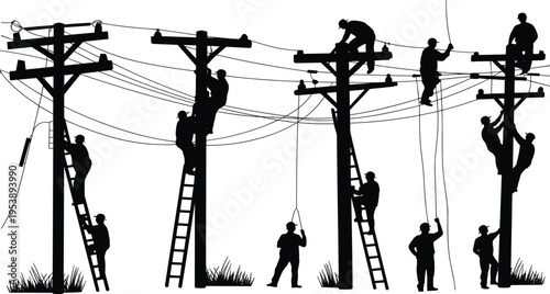 Silhouette of electrical line workers repairing power lines on utility poles, teamwork in electricity maintenance, linemen climbing ladders with cables against industrial infrastructure background