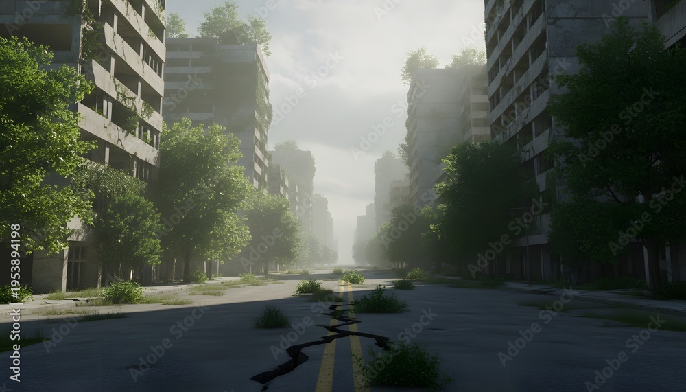 Naklejka premium Post-apocalyptic urban landscape overgrown with vegetation after destruction