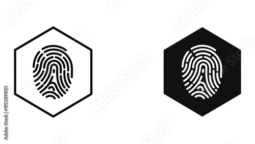 Fingerprint icons in hexagons, black and white vector illustration