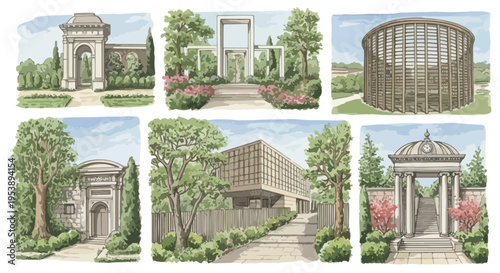 Set of 6 Architectural Landscape Sketches with Gardens and Structures