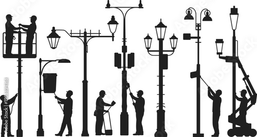 Street lighting workers silhouettes repairing lamps and utility poles, maintenance crew with bucket lift and tools, urban infrastructure service concept isolated on white background illustration