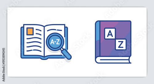 Set of dictionary and alphabet book icons with magnifying glass for education learning language study flat vector illustration collection
