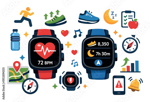 Smartwatch technology tracking health data including heart rate, steps, sleep, and GPS location for active lifestyle