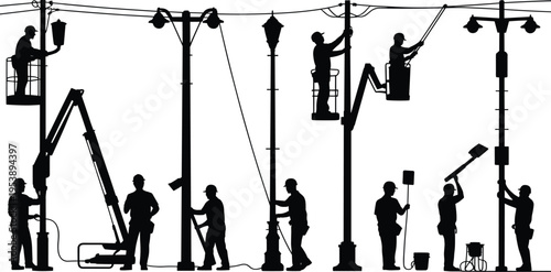 Utility workers repairing street lights and power lines with bucket lifts, maintenance crew silhouettes on poles, urban infrastructure service and electrical installation isolated on white