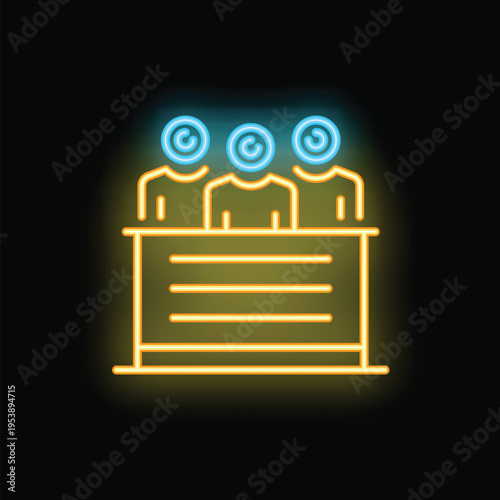 Neon sign of three jury members listening to the defendant during a court case
