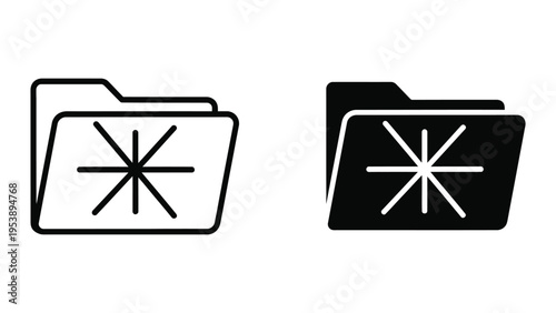 black and white file folder icons with starburst symbol vector illustration