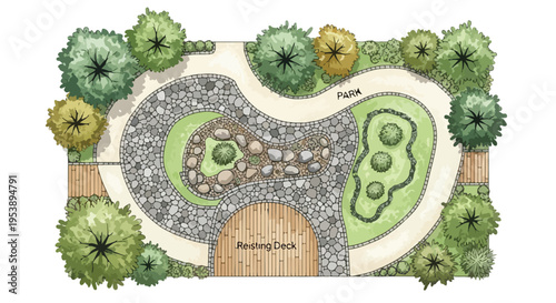 Top-Down Hand-Drawn Landscape Design Plan for Garden or Park