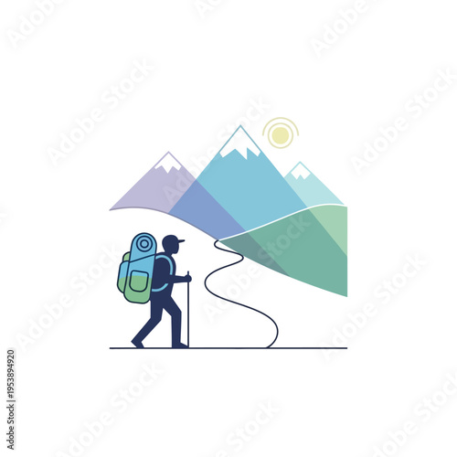 Man Hiking with Backpack and Trekking Poles.