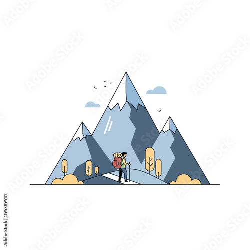 Cartoon Hiker with Backpack on Mountain Trail.