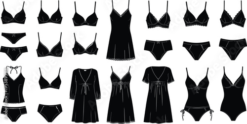 Lingerie collection for women, black underwear silhouettes, sleepwear icons, female intimate apparel, bras and panties, nightwear fashion, clothing elements.