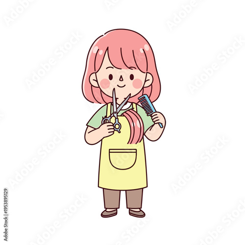 Cartoon Girl Holding Hair Clippers and Comb.