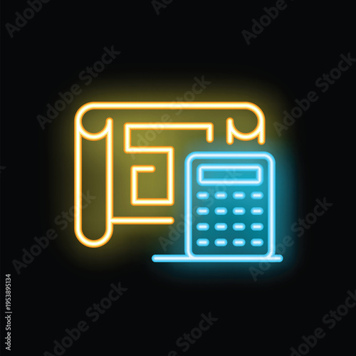 Bright neon icon of a calculator calculating the costs of a house plan, on a dark background