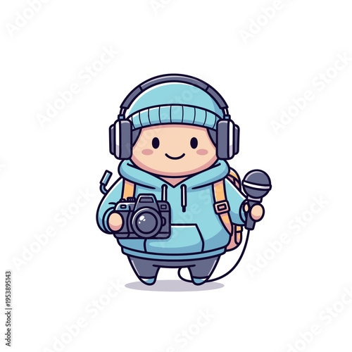 Cartoon Journalist with Camera and Microphone.