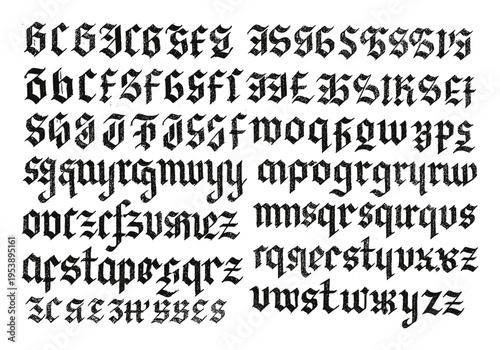 Gothic alphabet font sample with uppercase and lowercase letters in black ink