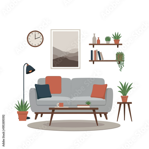 Gray Sofa with Pillows and Decor.