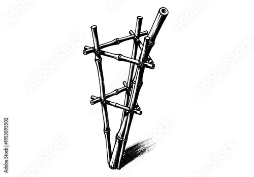 Hand-drawn illustration of a bamboo scaffolding structure against a white background