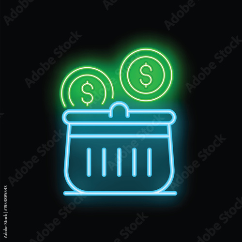 Neon glowing wallet receiving money, perfect for designs related to finance, banking, and wealth