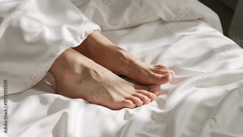 Close up of bare feet resting on clean white bed sheets in soft morning sunlight
