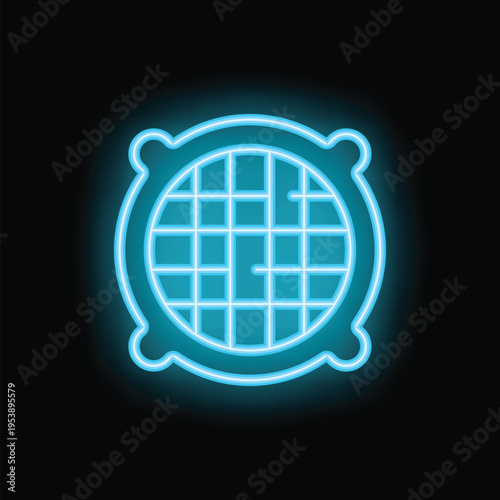 Bright blue neon icon of a round waffle iron glowing on a black background