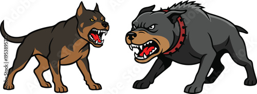 Vector illustration of two aggressive guard dogs facing each other, snarling with bared teeth. Stylized cartoon design with bold outlines, isolated on white background,
