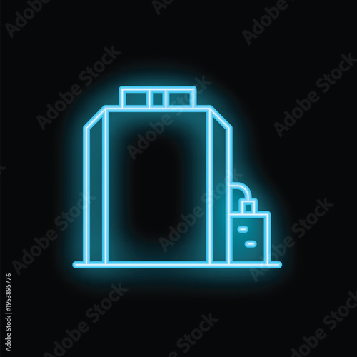 Glowing neon line icon of a modern building at night with generator backup power supply on black background