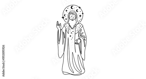 Mystical Wizard Celestial Figure with Stars and Moon Halo
