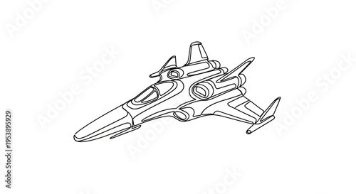 Futuristic Spaceship Outline Drawing, Sci-Fi Aircraft Vector Art
