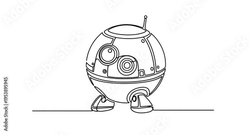 Cute spherical robot drawing, futuristic droid character outline, simple line art