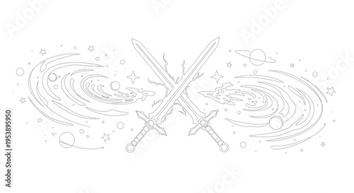 Fantasy Swords Crossed in Cosmic Galaxy with Stars and Planets