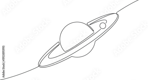 Abstract Saturn Planet with Ring and Moon Line Art