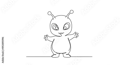 Cute Alien Drawing, One Line Art, Friendly Extraterrestrial Character, Space Fantasy