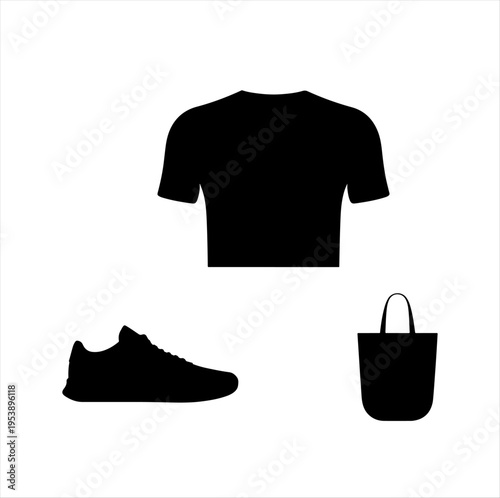 Casual fashion silhouettes of shirt, sneaker, and tote bag, representing everyday style essentials.