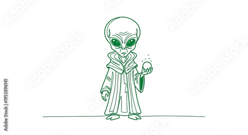 Cartoon Alien Holding Glowing Orb, Sci-Fi Character, Extraterrestrial Art