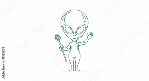 Friendly Alien Character Holding a Scepter, Minimalist Line Art