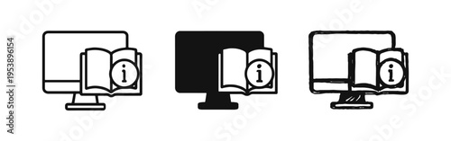 Computer with Information Book Icon Set - Online Help, Digital Manual, and Learning Symbols