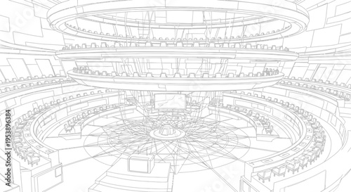 Futuristic Auditorium Wireframe Design, Sci-Fi Conference Hall Blueprint, Modern Architecture Sketch