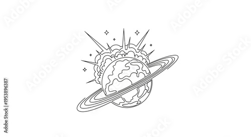 Cosmic explosion with ringed planet and stars, line art illustration