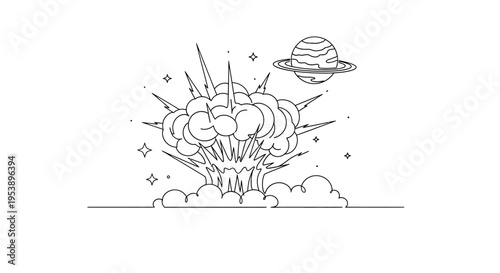 Explosion in Space with Planet and Stars - Outline Drawing