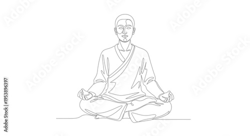 Monk meditating in lotus pose, spiritual enlightenment, zen calm, line art illustration