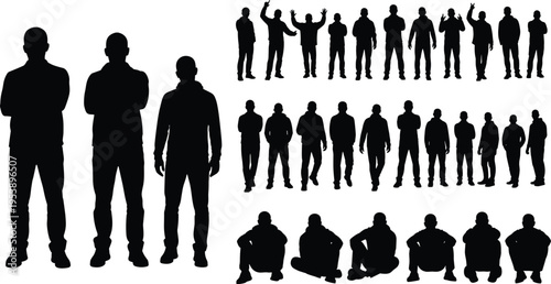 Men silhouettes vector illustration, diverse group of male characters standing and sitting in different poses, black human figures, isolated