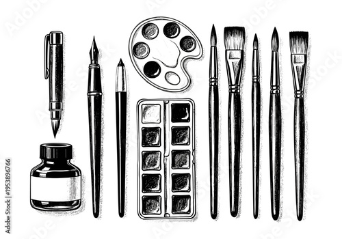 Artistic tools including pens, brushes, ink, and watercolor palette arranged neatly