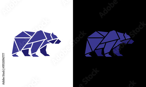 A geometric bear illustration appears against contrasting white and black backgrounds.