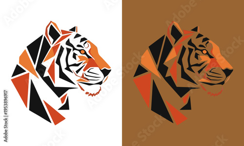Geometric tiger heads in orange, black, and white on divided backgrounds