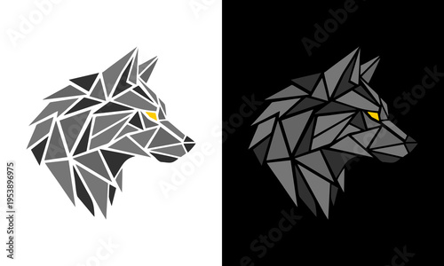 Geometric wolf illustrations on white and black backgrounds showcase animals and graphic designs