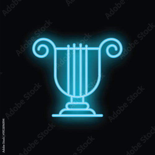 Blue neon sign of an ancient stringed musical instrument, the lyre, glowing brightly on a dark background