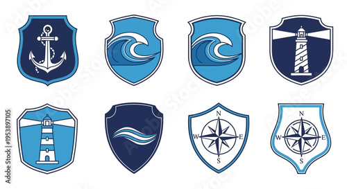 Set of Nautical Shields with Various Emblems.