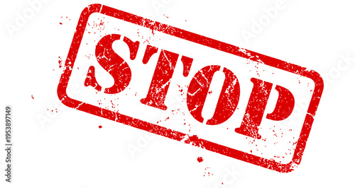 Red rubber stamp imprint with the word "STOP" in a frame with a weathered or grunge effect. Vector illustration.