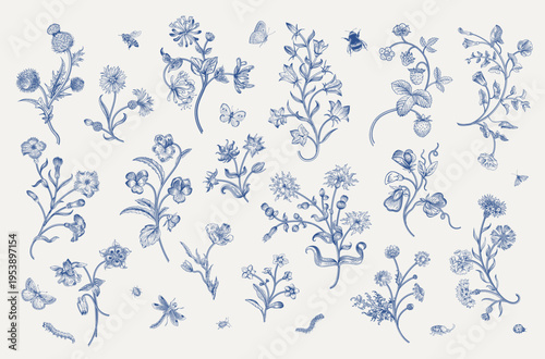 Flowers of the meadow. Set. Vintage vector floral illustration. Motif. Inspired by hand embroidery. Blue and white