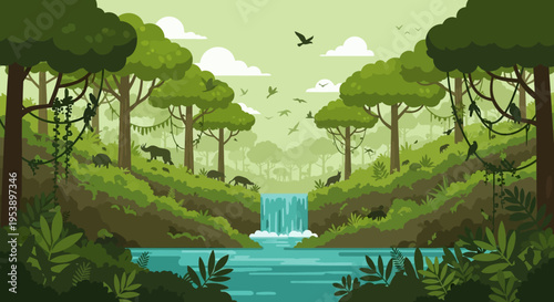 Tropical Forest with Waterfall and Trees.