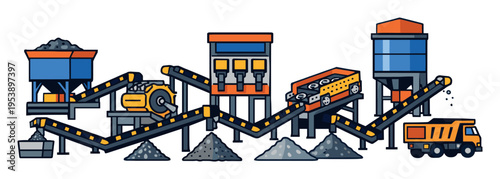 Mining operation showing industrial factory equipment, processing raw materials from a quarry, and loading extracted gravel into a dump truck